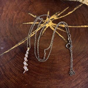 Vintage Sterling Silver Pendant Necklace with Rhinestone zig zag bar pendant